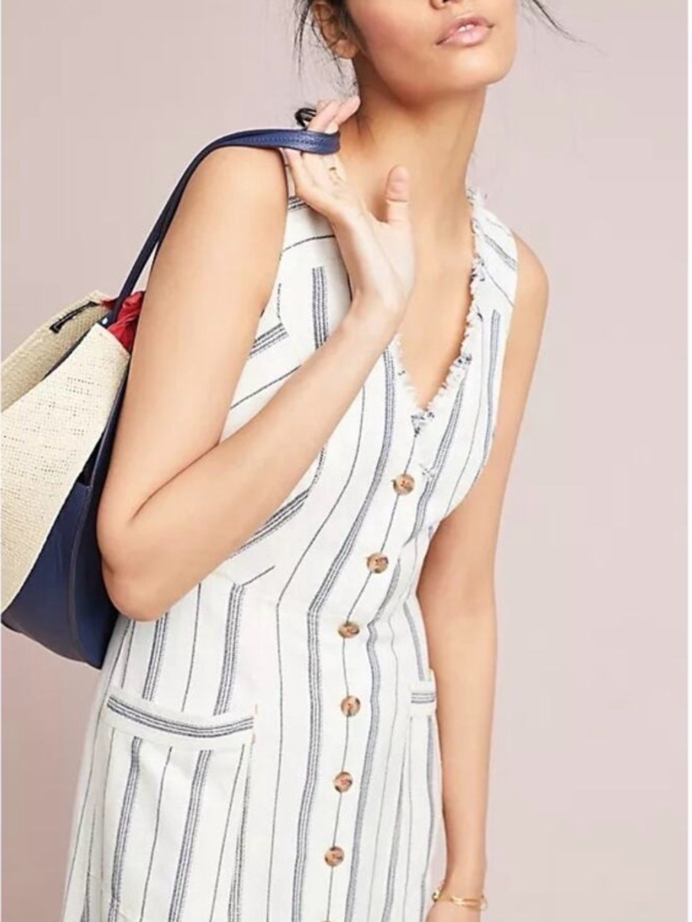 Anthropologie Maeve White Stripe Fray Midi Dress Size 6P